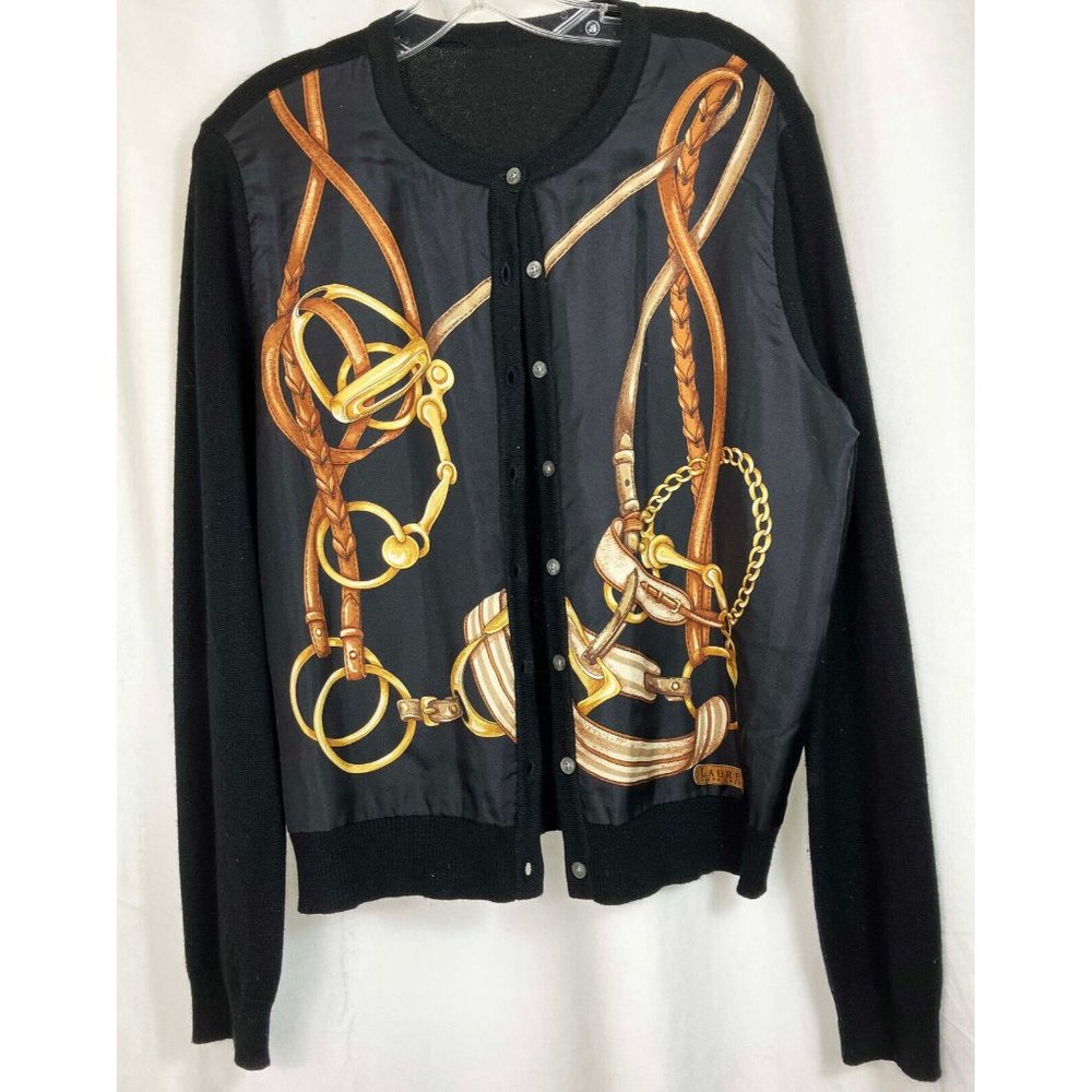 L Ralph Lauren Equestrian Bridle Stirrup Cardigan Scarf Print Black Sweater